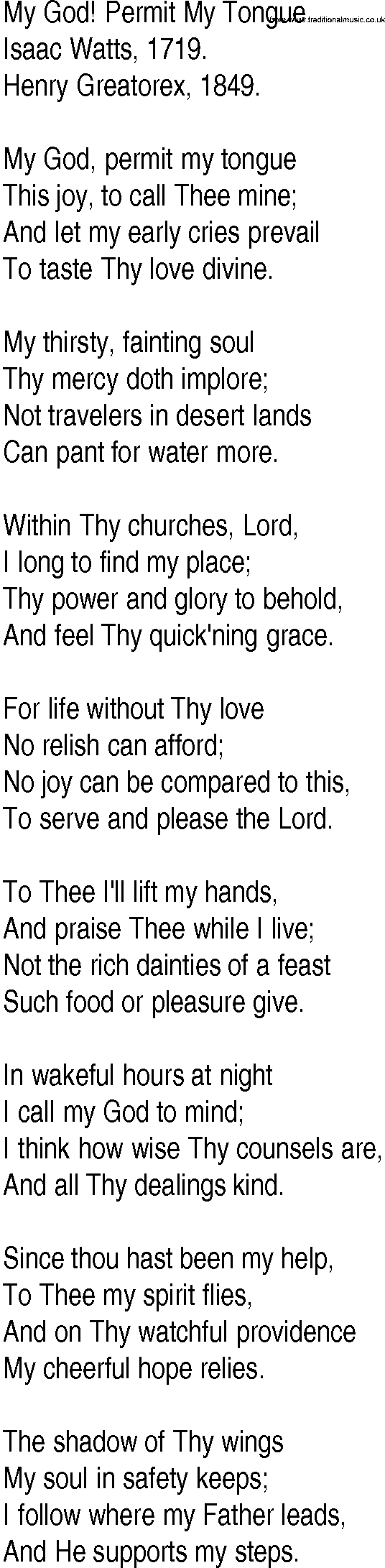 Hymn and Gospel Song: My God! Permit My Tongue by Isaac Watts lyrics