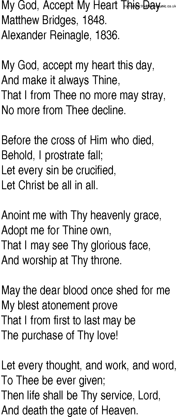 Hymn and Gospel Song: My God, Accept My Heart This Day by Matthew Bridges lyrics