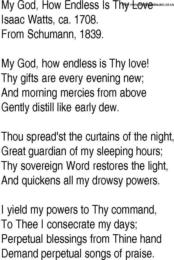Hymn and Gospel Song: My God, How Endless Is Thy Love by Isaac Watts ca lyrics
