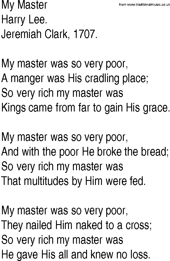 Hymn and Gospel Song: My Master by Harry Lee lyrics