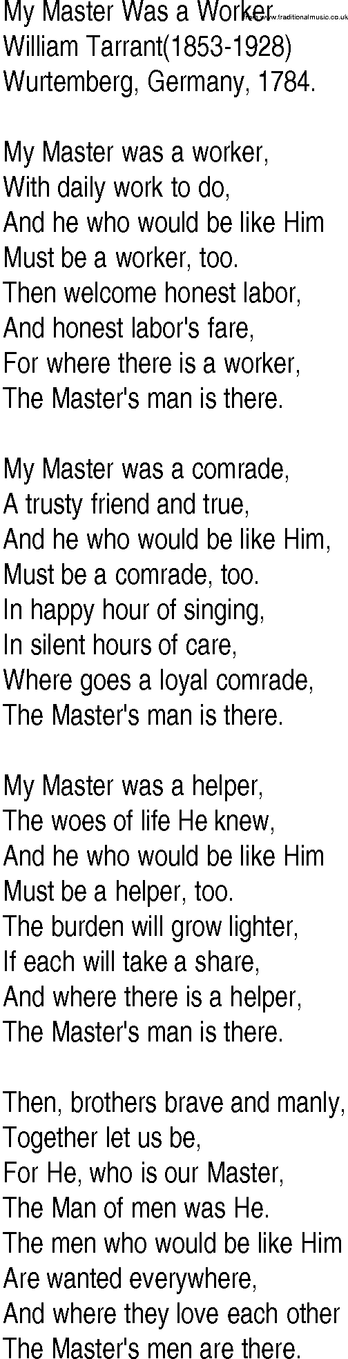 Hymn and Gospel Song: My Master Was a Worker by William Tarrant lyrics