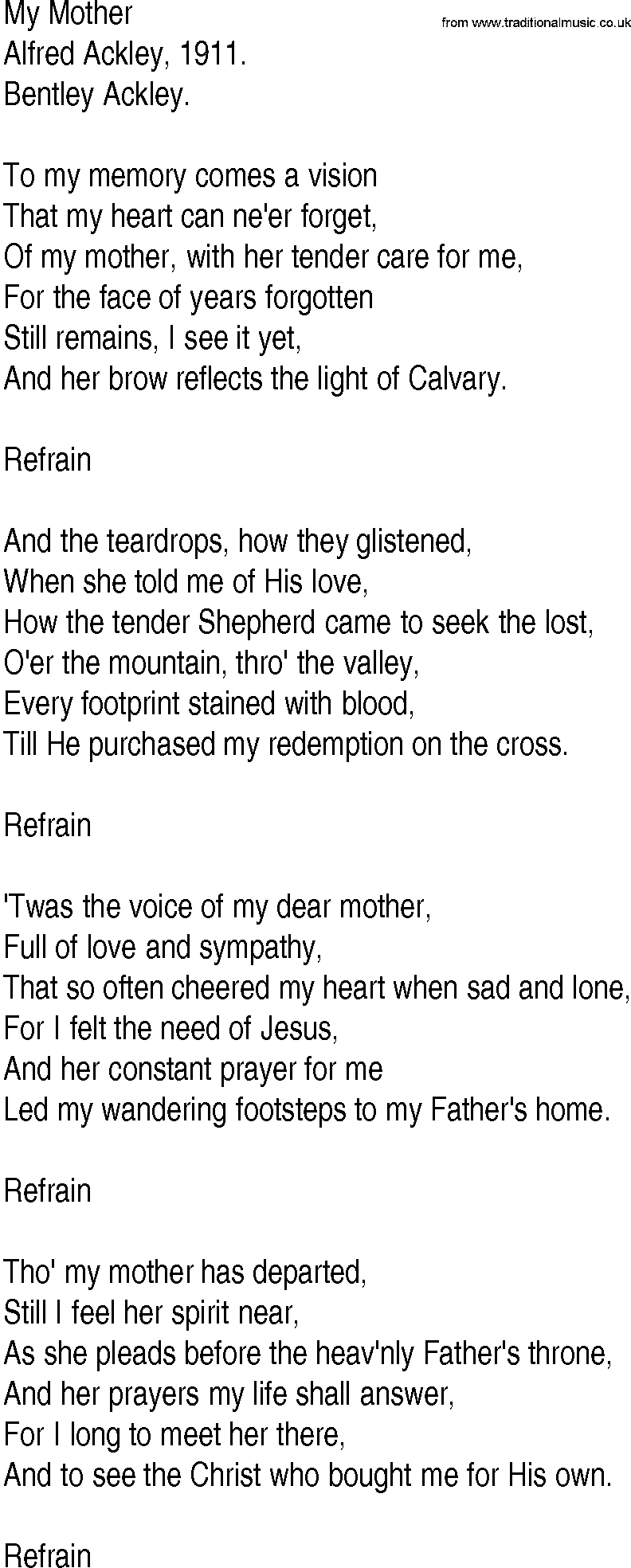 Hymn and Gospel Song: My Mother by Alfred Ackley lyrics