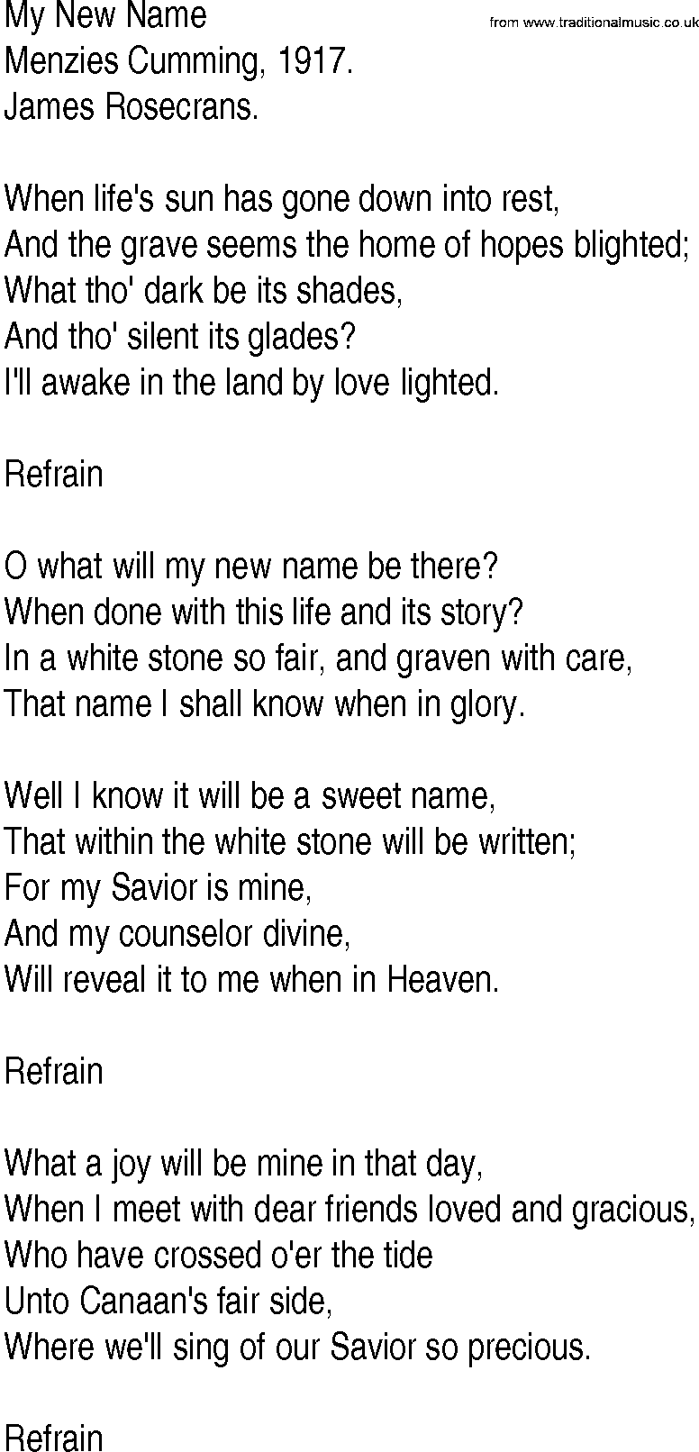 Hymn and Gospel Song: My New Name by Menzies Cumming lyrics