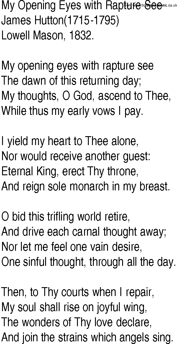 Hymn and Gospel Song: My Opening Eyes with Rapture See by James Hutton lyrics
