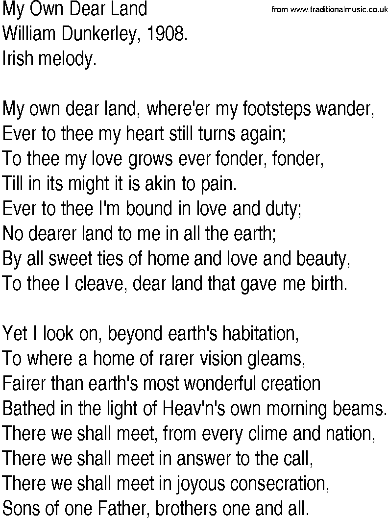 Hymn and Gospel Song: My Own Dear Land by William Dunkerley lyrics