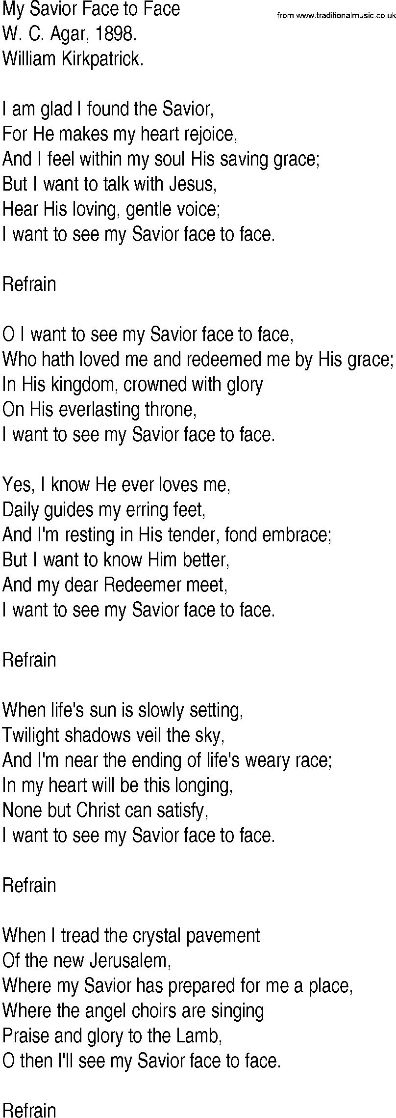 Hymn and Gospel Song: My Savior Face to Face by W C Agar lyrics