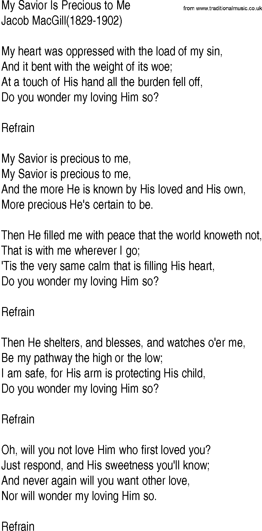 Hymn and Gospel Song: My Savior Is Precious to Me by Jacob MacGill lyrics