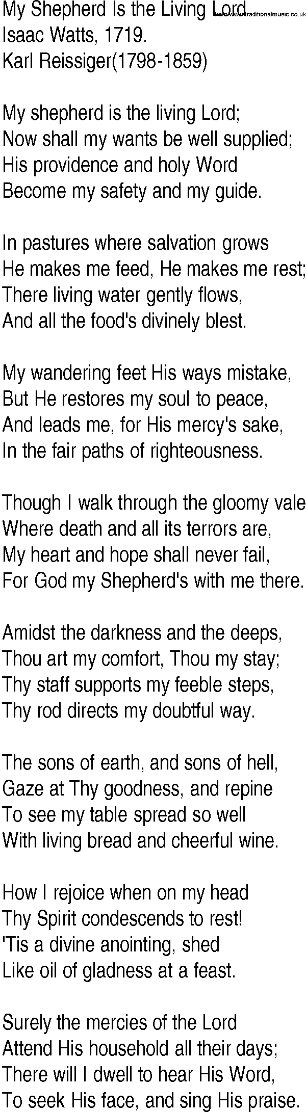 Hymn and Gospel Song: My Shepherd Is the Living Lord by Isaac Watts lyrics