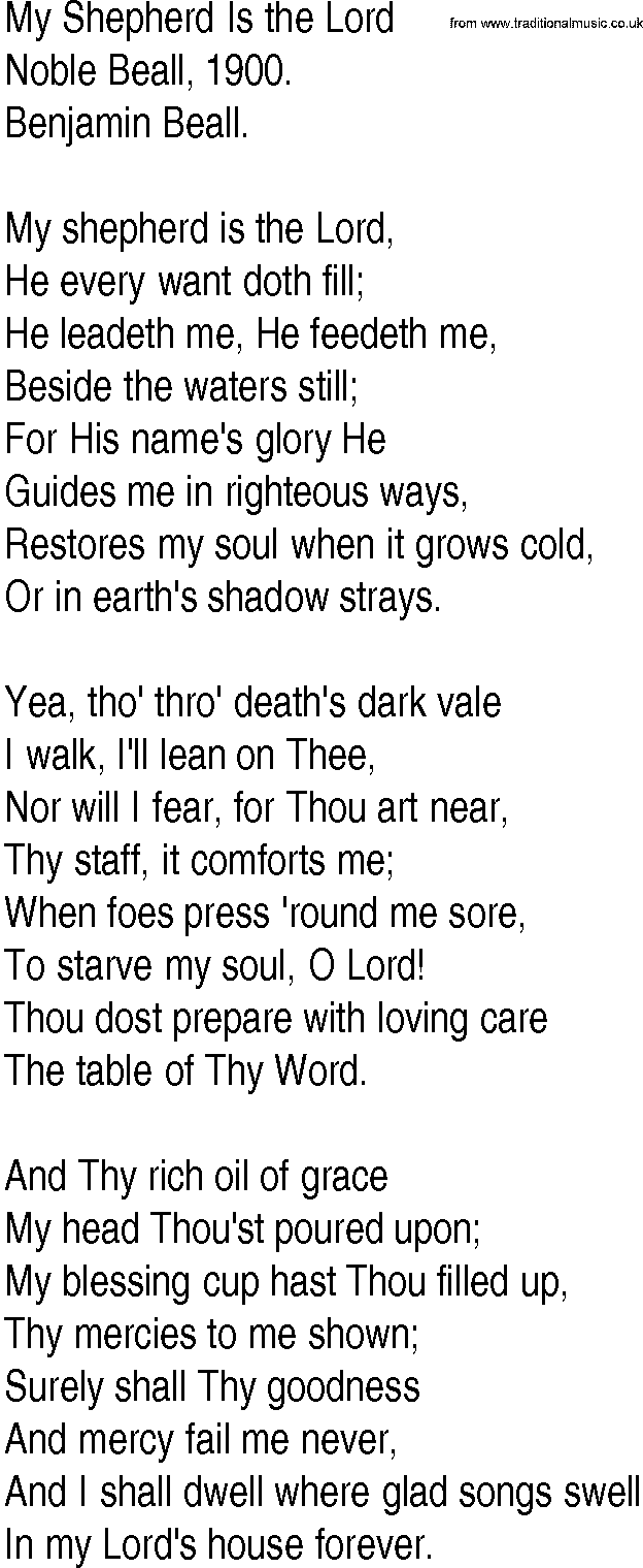 Hymn and Gospel Song: My Shepherd Is the Lord by Noble Beall lyrics