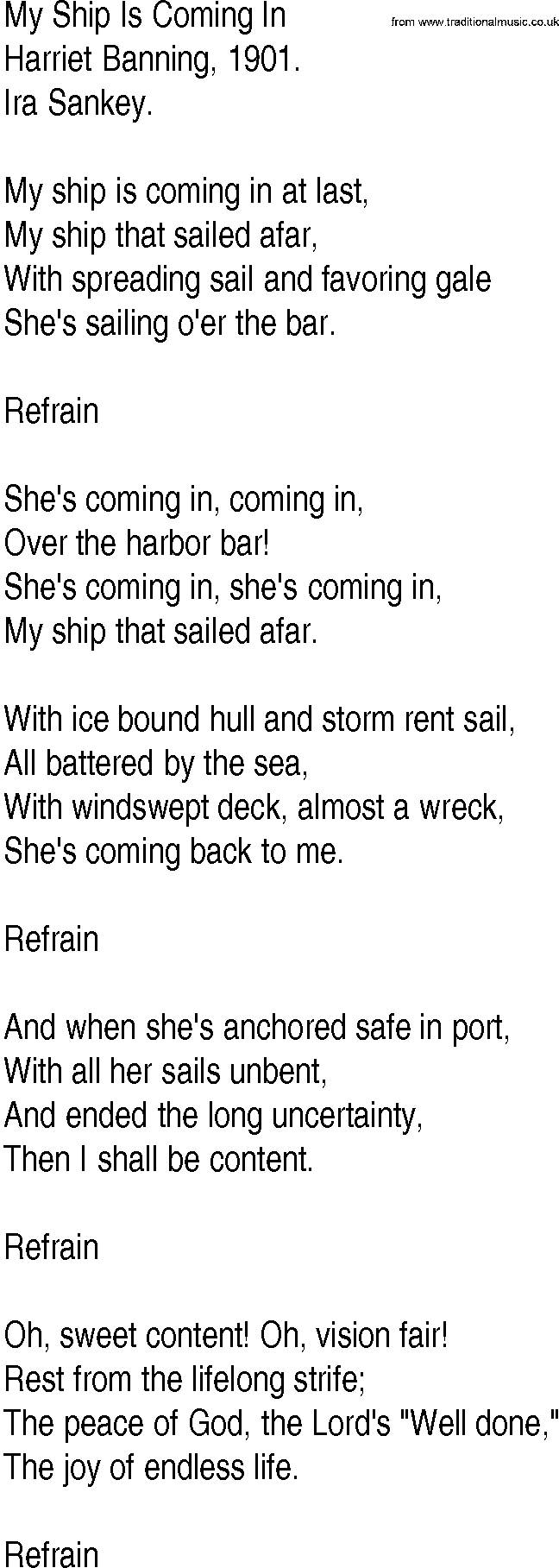 Hymn and Gospel Song: My Ship Is Coming In by Harriet Banning lyrics