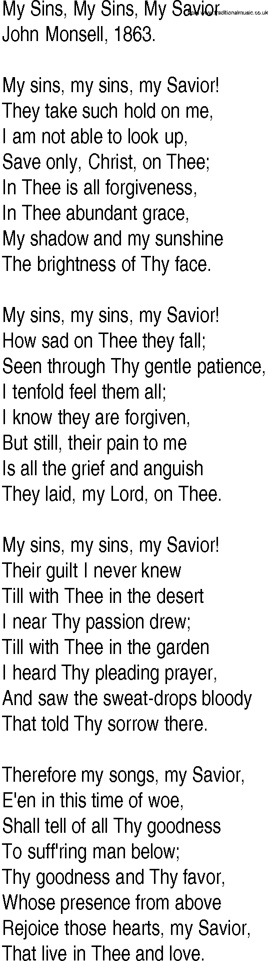 Hymn and Gospel Song: My Sins, My Sins, My Savior by John Monsell lyrics
