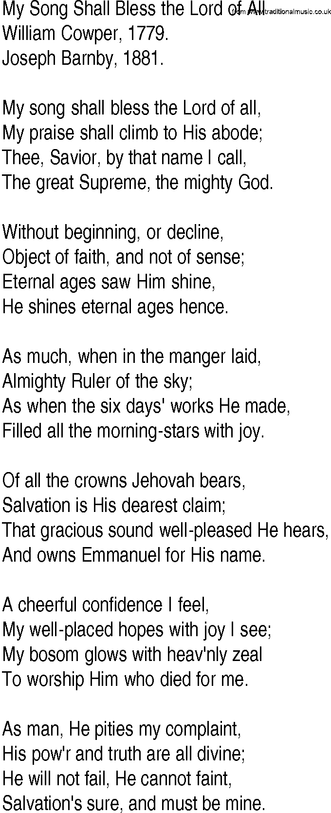 Hymn and Gospel Song: My Song Shall Bless the Lord of All by William Cowper lyrics
