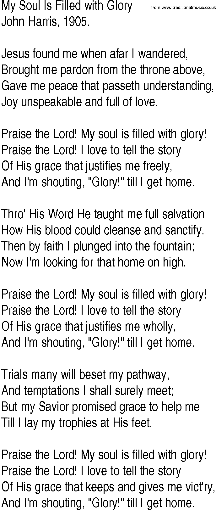 Hymn and Gospel Song: My Soul Is Filled with Glory by John Harris lyrics