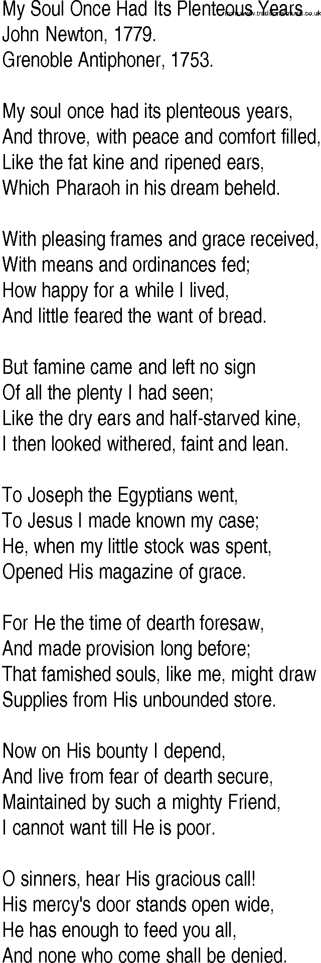 Hymn and Gospel Song: My Soul Once Had Its Plenteous Years by John Newton lyrics
