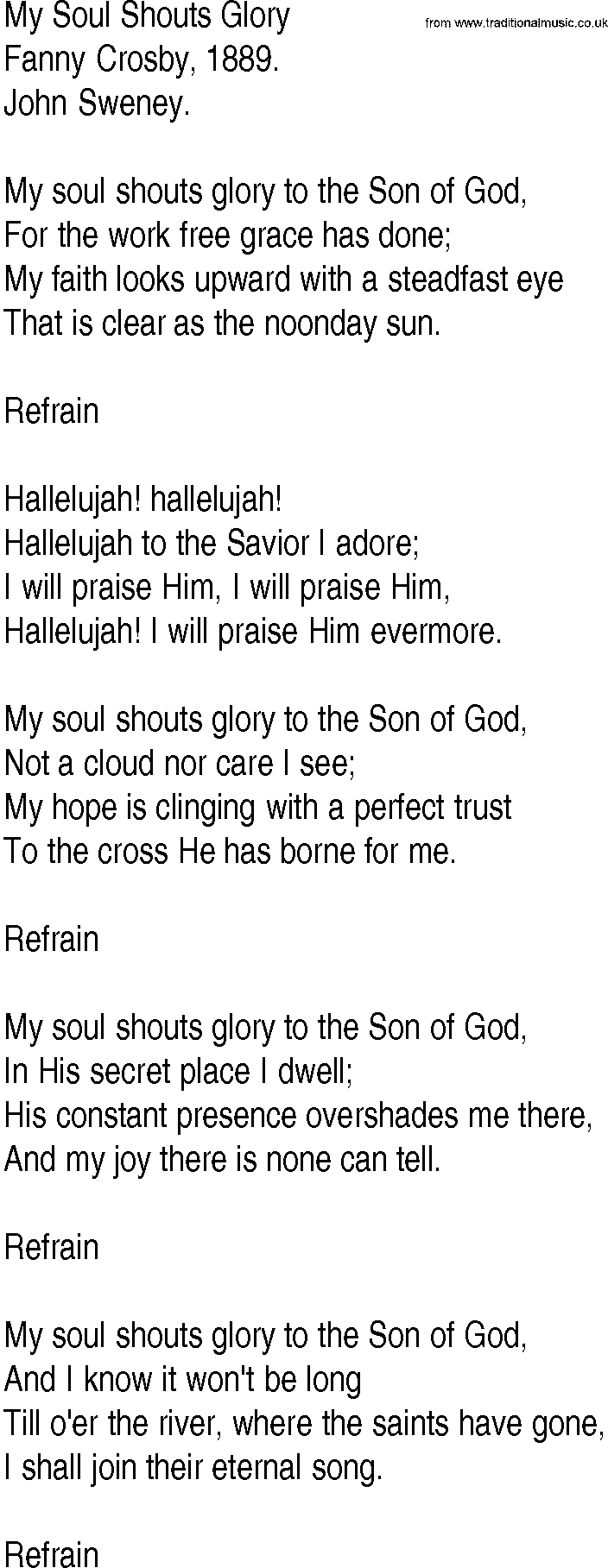 Hymn and Gospel Song: My Soul Shouts Glory by Fanny Crosby lyrics