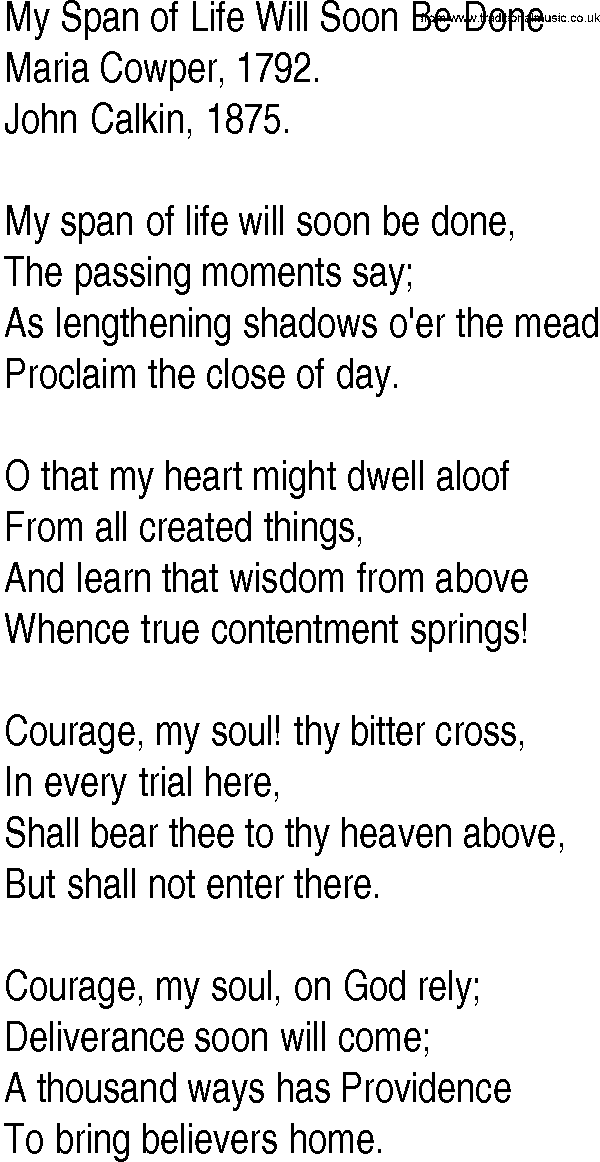 Hymn and Gospel Song: My Span of Life Will Soon Be Done by Maria Cowper lyrics