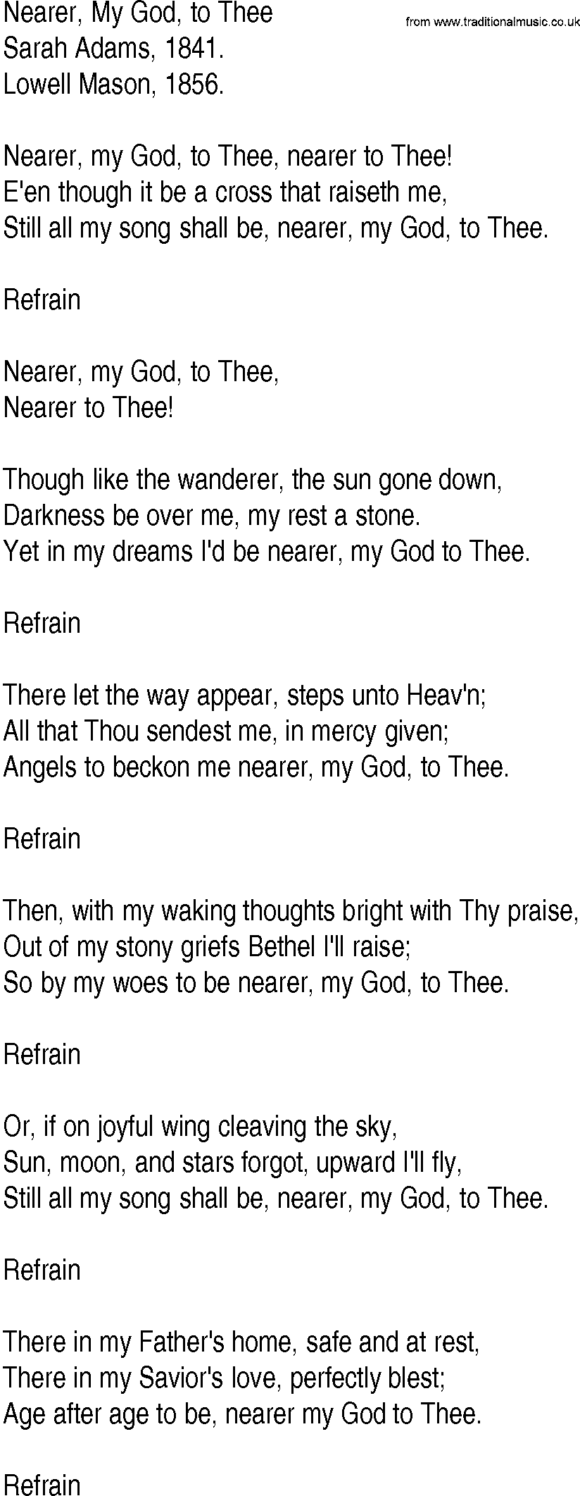 Hymn and Gospel Song: Nearer, My God, to Thee by Sarah Adams lyrics