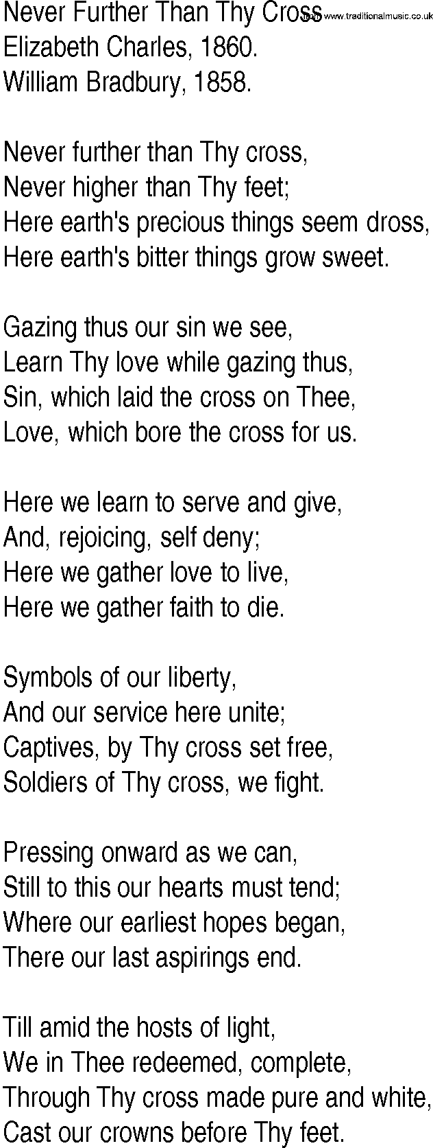 Hymn and Gospel Song: Never Further Than Thy Cross by Elizabeth Charles lyrics