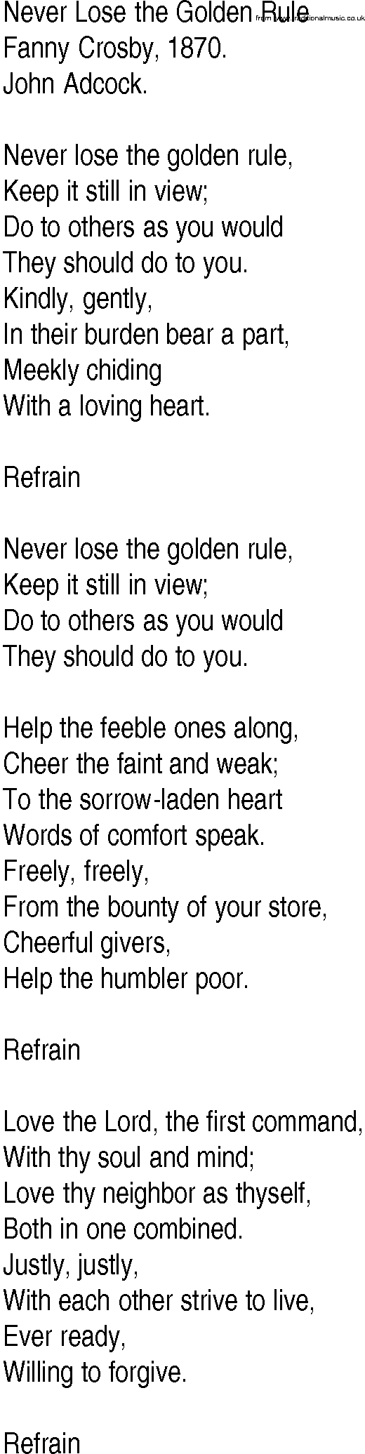 Hymn and Gospel Song: Never Lose the Golden Rule by Fanny Crosby lyrics