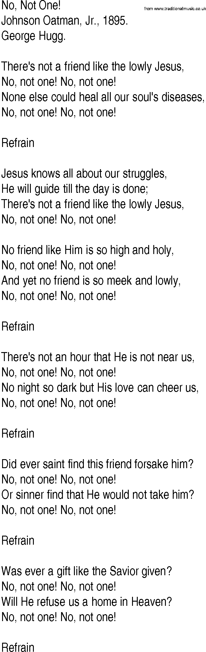 Hymn and Gospel Song: No, Not One! by Johnson Oatman Jr lyrics