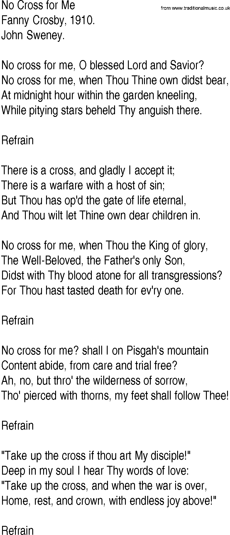 Hymn and Gospel Song: No Cross for Me by Fanny Crosby lyrics