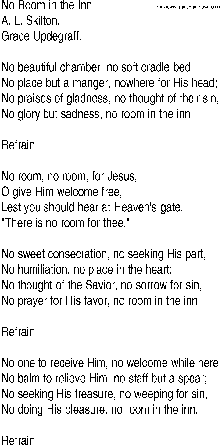 Hymn and Gospel Song: No Room in the Inn by A L Skilton lyrics