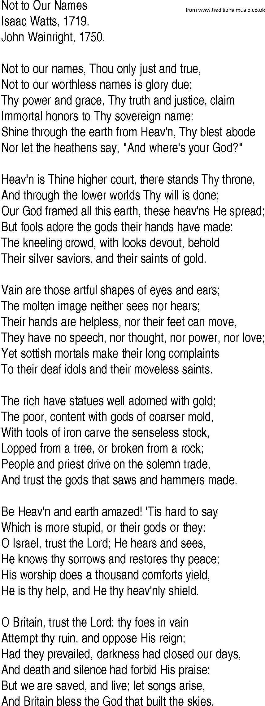 Hymn and Gospel Song: Not to Our Names by Isaac Watts lyrics