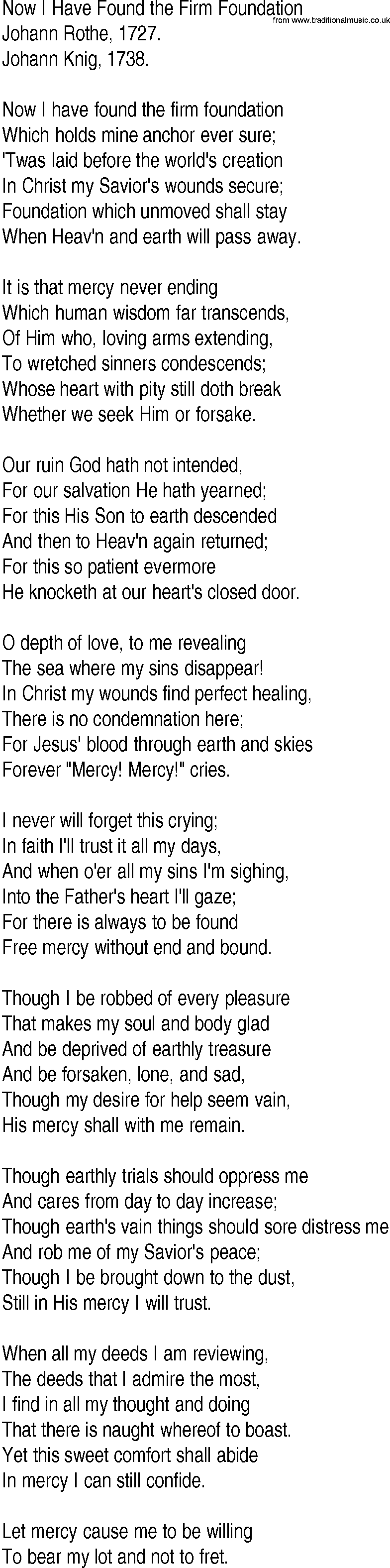 Hymn and Gospel Song: Now I Have Found the Firm Foundation by Johann Rothe lyrics