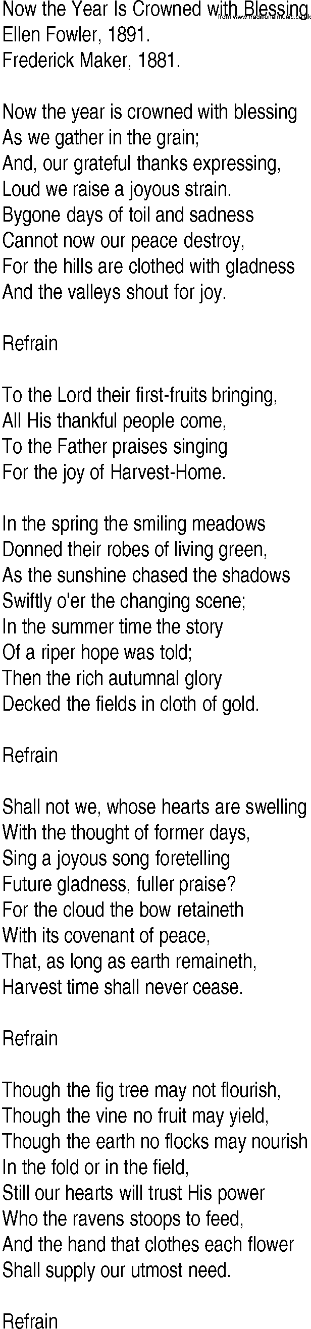 Hymn and Gospel Song: Now the Year Is Crowned with Blessing by Ellen Fowler lyrics