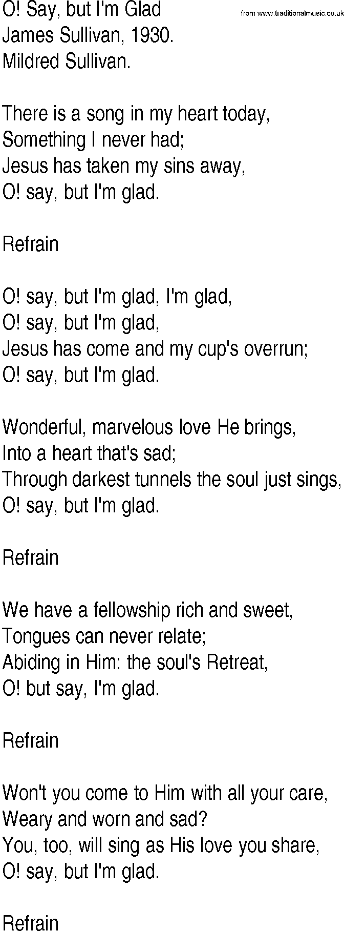 Hymn and Gospel Song: O! Say, but I'm Glad by James Sullivan lyrics