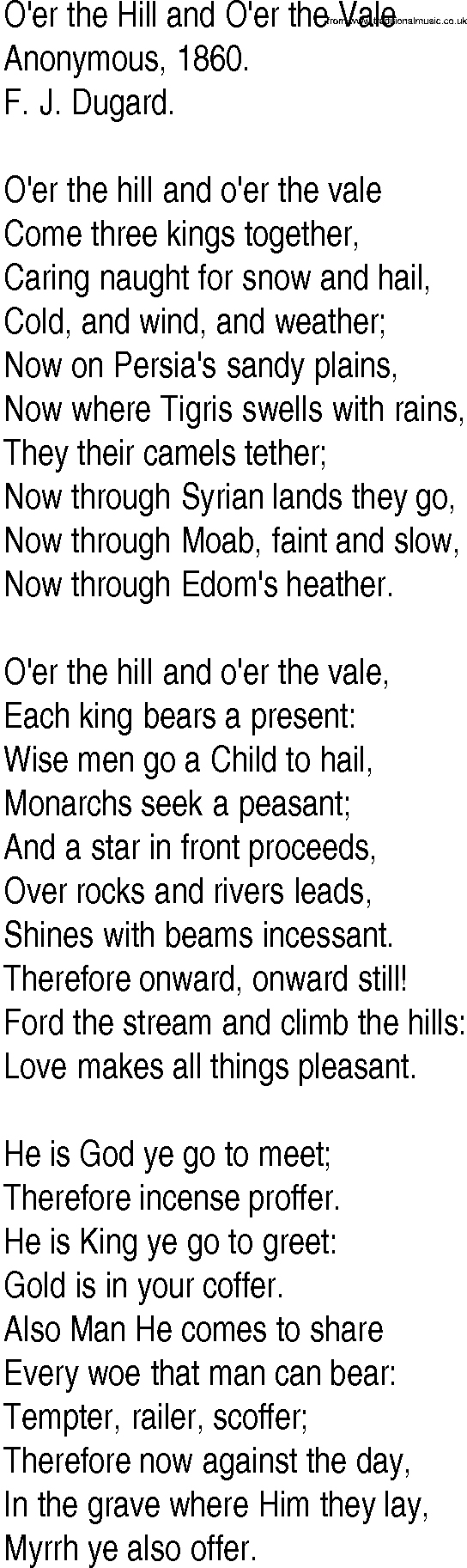 Hymn and Gospel Song: O'er the Hill and O'er the Vale by Anonymous lyrics