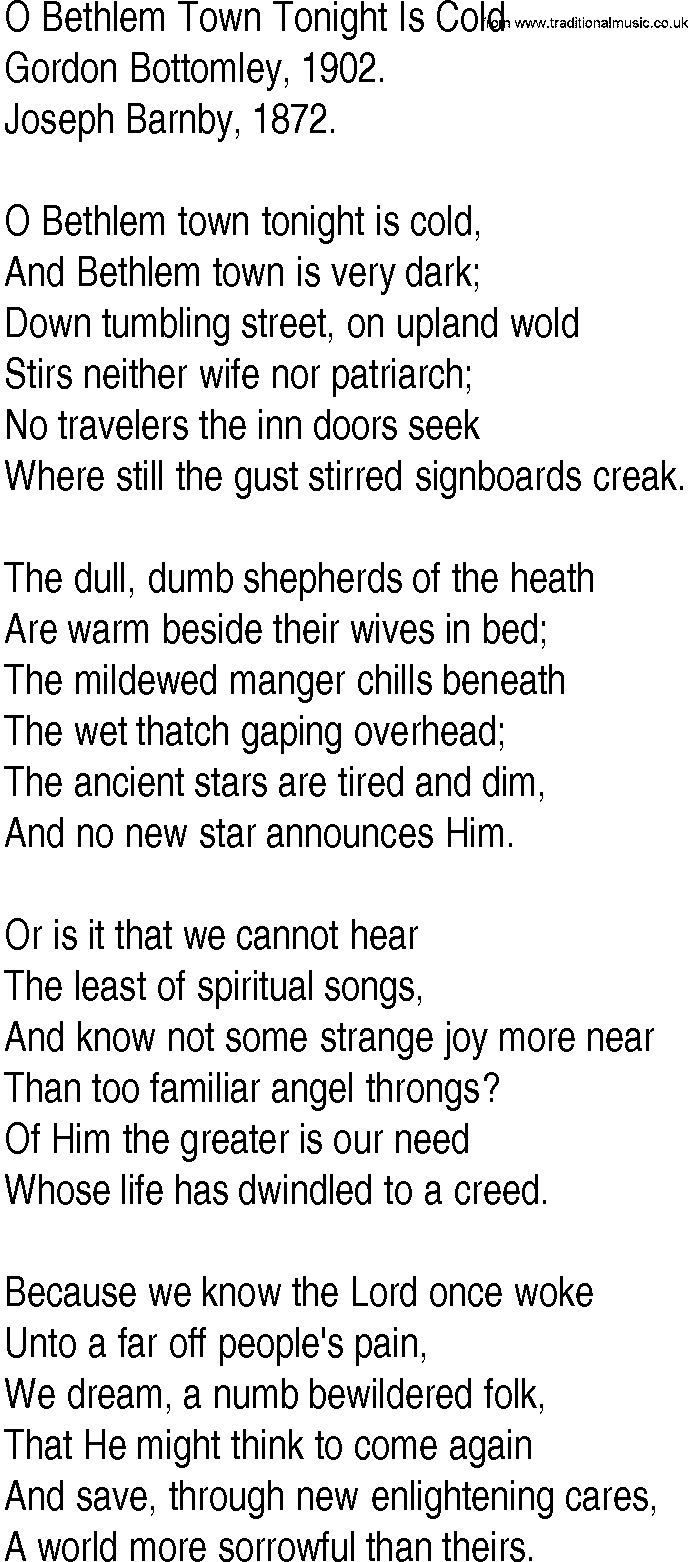 Hymn and Gospel Song: O Bethlem Town Tonight Is Cold by Gordon Bottomley lyrics
