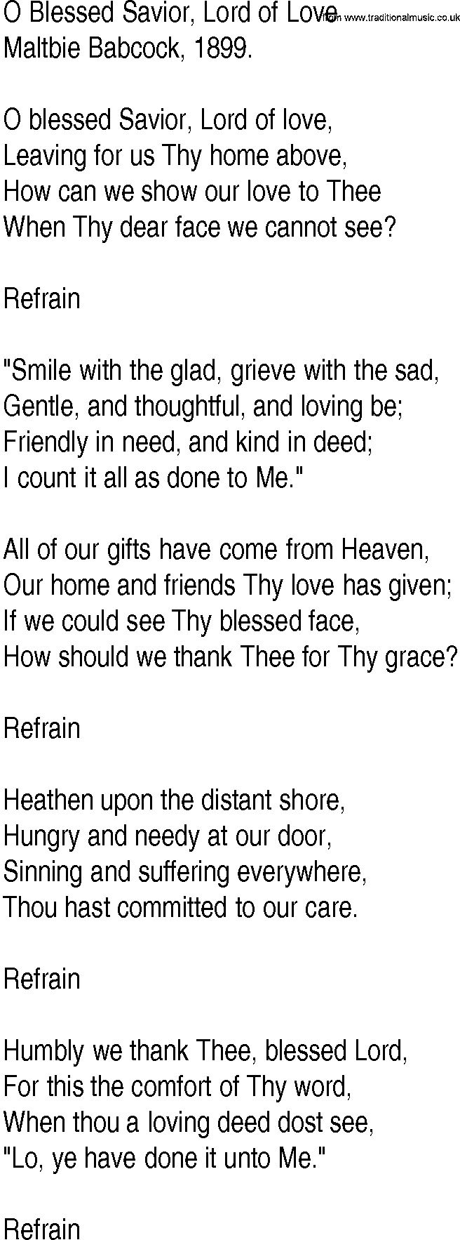 Hymn and Gospel Song: O Blessed Savior, Lord of Love by Maltbie Babcock lyrics