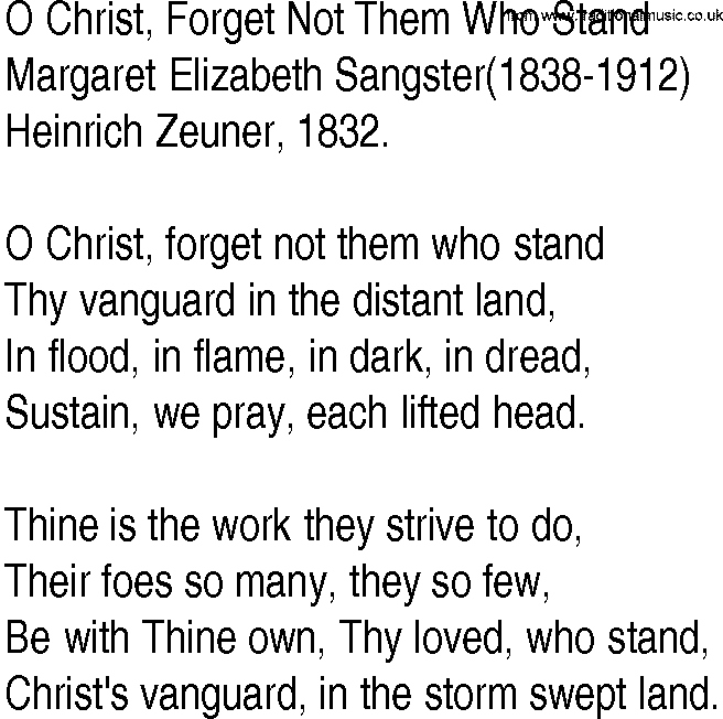 Hymn and Gospel Song: O Christ, Forget Not Them Who Stand by Margaret Elizabeth Sangster lyrics