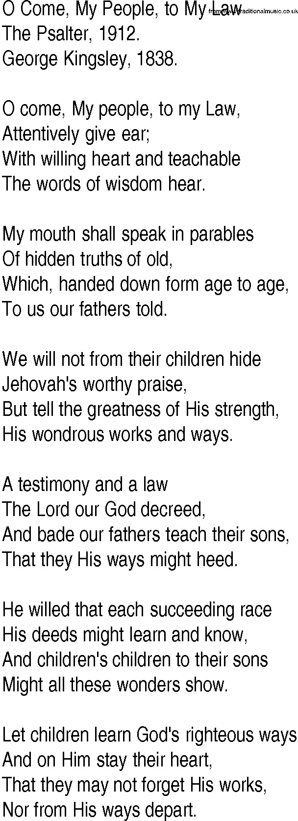 Hymn and Gospel Song: O Come, My People, to My Law by The Psalter lyrics