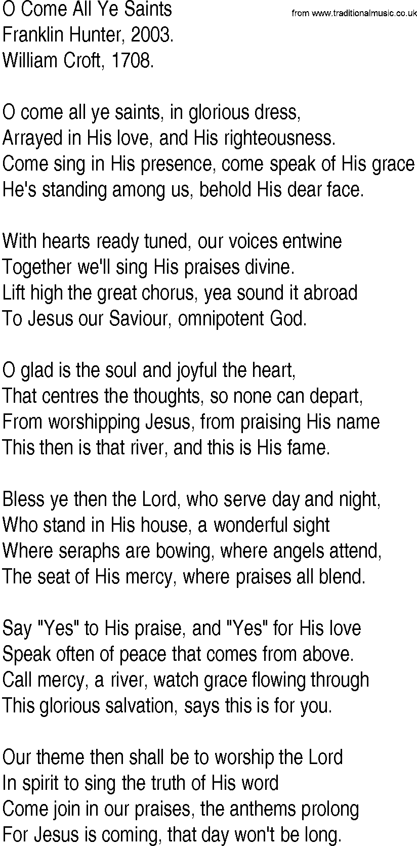 Hymn and Gospel Song: O Come All Ye Saints by Franklin Hunter lyrics