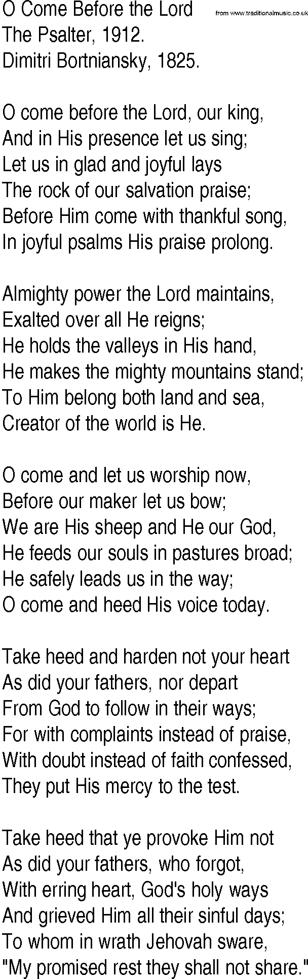 Hymn and Gospel Song: O Come Before the Lord by The Psalter lyrics