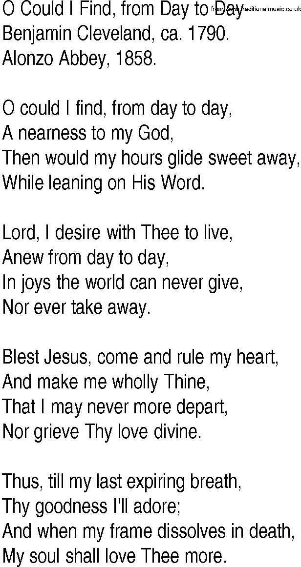 Hymn and Gospel Song: O Could I Find, from Day to Day by Benjamin Cleveland ca lyrics