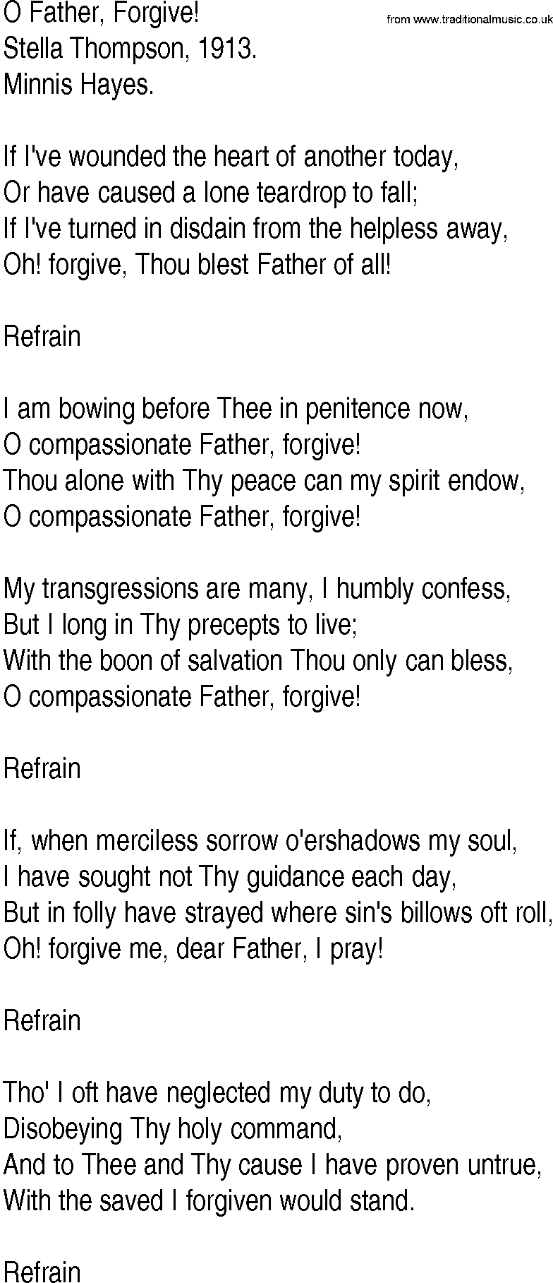 Hymn and Gospel Song: O Father, Forgive! by Stella Thompson lyrics