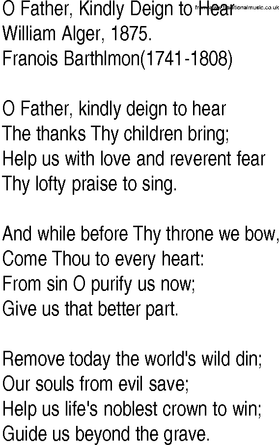 Hymn and Gospel Song: O Father, Kindly Deign to Hear by William Alger lyrics