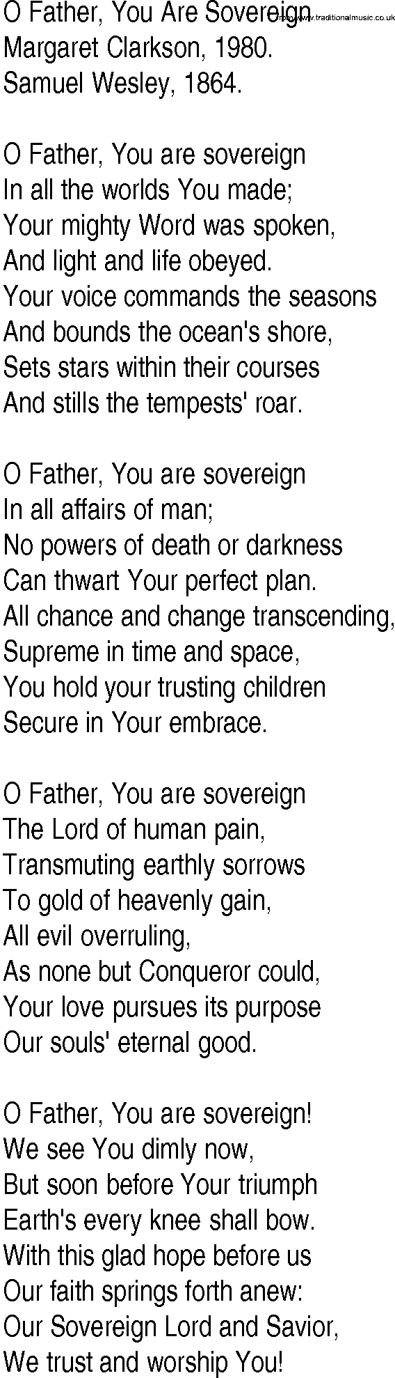 Hymn and Gospel Song: O Father, You Are Sovereign by Margaret Clarkson lyrics
