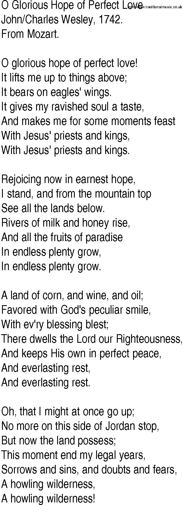 Hymn and Gospel Song: O Glorious Hope of Perfect Love by JohnCharles Wesley lyrics