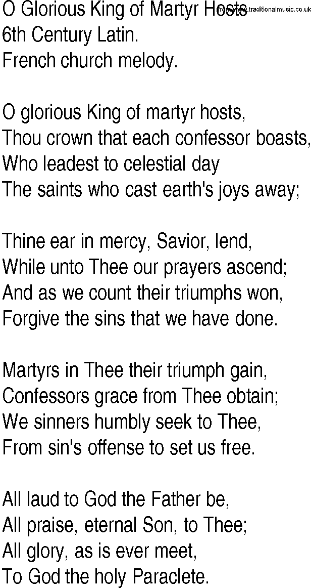 Hymn and Gospel Song: O Glorious King of Martyr Hosts by th Century Latin lyrics