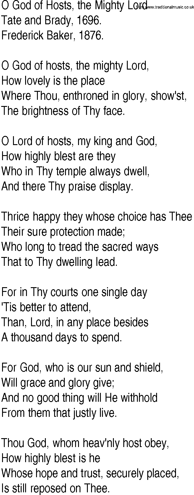 Hymn and Gospel Song: O God of Hosts, the Mighty Lord by Tate and Brady lyrics