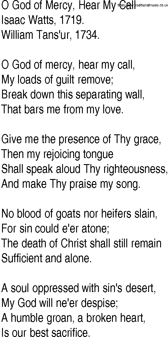 Hymn and Gospel Song: O God of Mercy, Hear My Call by Isaac Watts lyrics