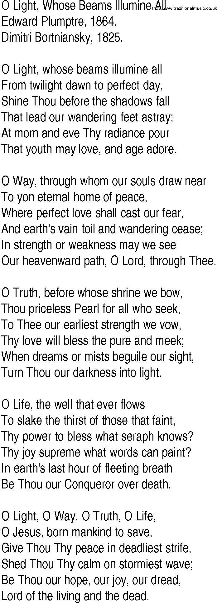 Hymn and Gospel Song: O Light, Whose Beams Illumine All by Edward Plumptre lyrics
