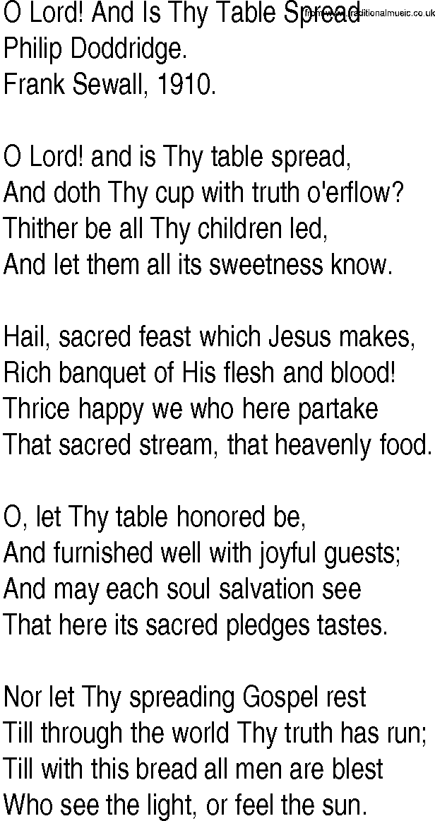 Hymn and Gospel Song: O Lord! And Is Thy Table Spread by Philip Doddridge lyrics