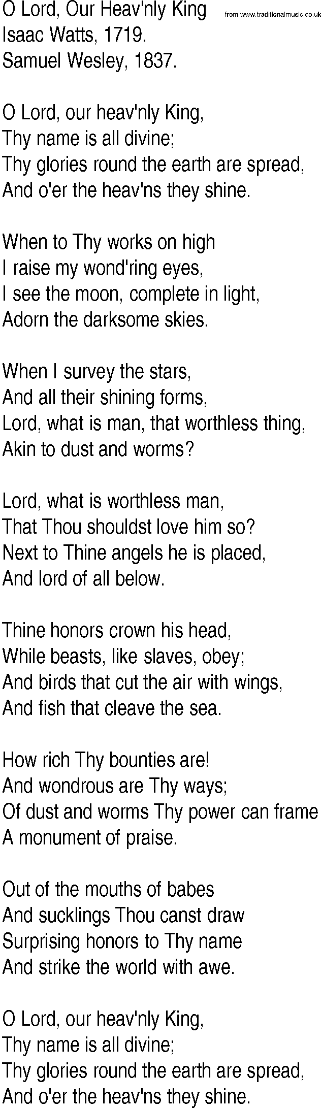 Hymn and Gospel Song: O Lord, Our Heav'nly King by Isaac Watts lyrics