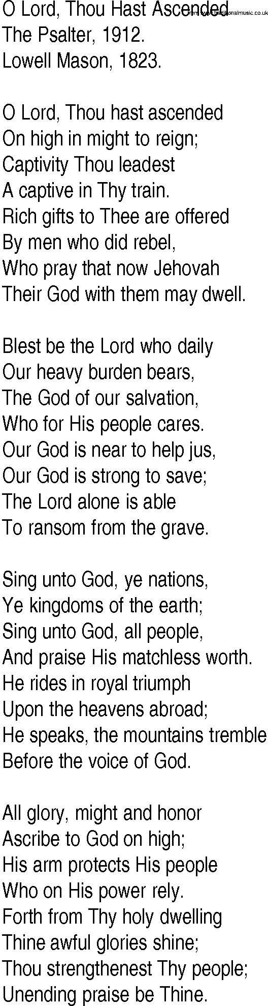Hymn and Gospel Song: O Lord, Thou Hast Ascended by The Psalter lyrics