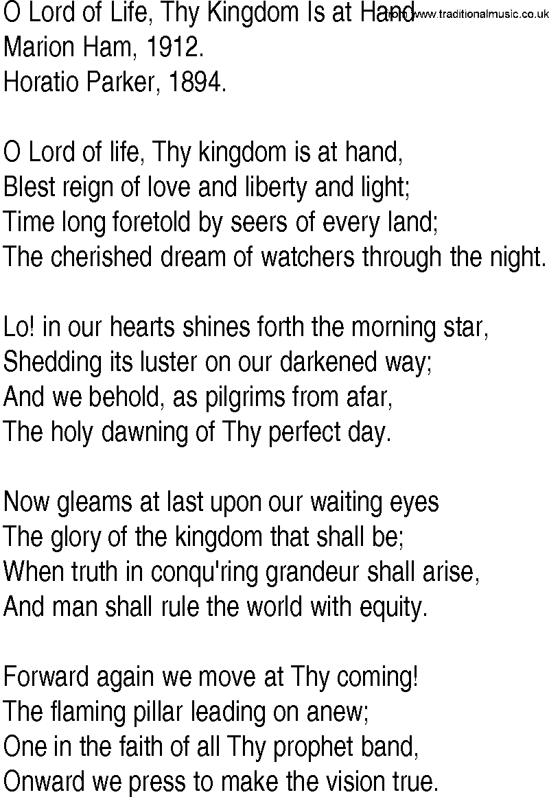 Hymn and Gospel Song: O Lord of Life, Thy Kingdom Is at Hand by Marion Ham lyrics